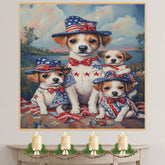 Mother Jack Russell and Three Puppies Wearing Patriotic Outfits and Hats in a Colorful Outdoor American Flag Themed Setting on Ready to Hang 1.5" Thick Canvas Wrap, Floating Framed Canvas, Flat Rolled Canvas
